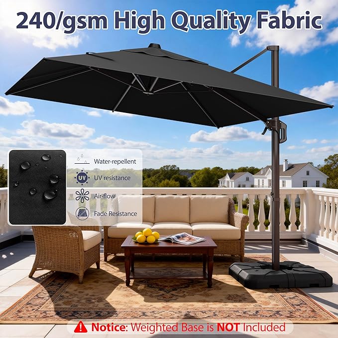 9' X 12' Cantilever Patio Umbrella Rectangle Outdoor Umbrella with Base Included, 6-Level Tilt & 360° Rotation Offset Umbrella for Garden, Deck, Pool (Black)