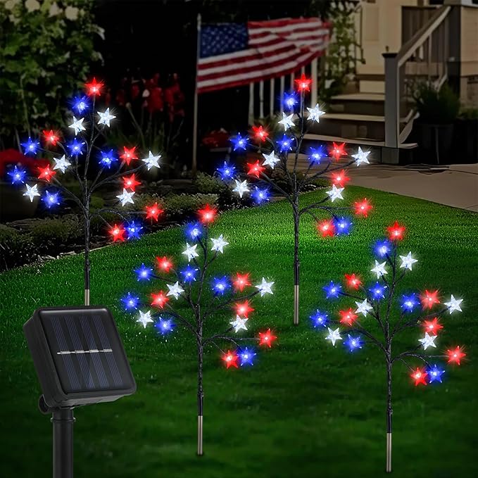 Lewondr 4th of July Decorations Solar Garden Lights, Outdoor Red Blue White Star Solar Lights, Waterproof Patriotic Decor with 20 LED 2 Lighting Modes for Independence Day Memorial Day, 4 Pack