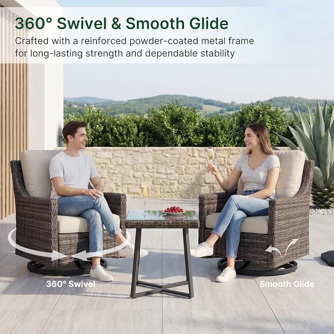 Outdoor Swivel Rocker Patio Chair with Premium Cushion, High Back Wicker Patio Swing Glider for Deck, Porch, Patio and Poolside (Beige, 1 Pcs - Swivel Glider)
