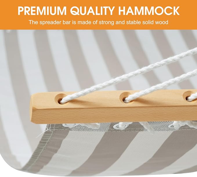 Lazy Daze Hammocks 12 FT 2 Person Double Quick Dry Textilene Hammock with Curved Steel Heavy Duty Stand for Outside, Backyard, Patio, 450 Lbs Capacity, Beige White Stripes