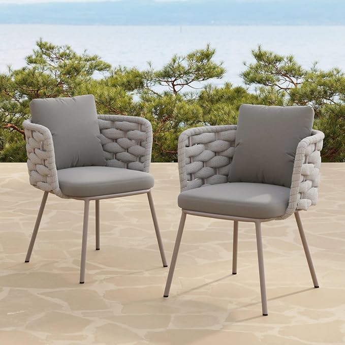 LOVEDIMA Outdoor Dining Chairs Set of 2, Aluminum Patio Dining Chairs with Armrests, Handwoven Wicker Rattan Patio Chairs, Weather Resistant Outdoor Chairs for Patio Garden Balcony Deck