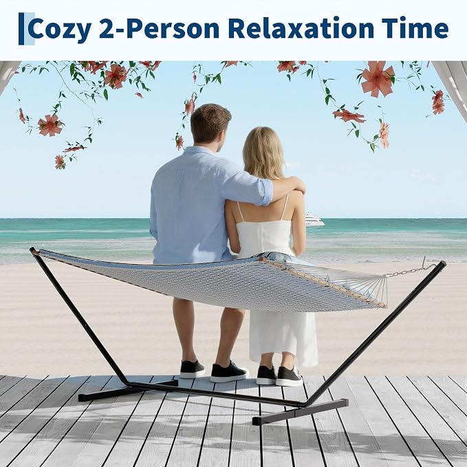 2 Person Outdoor Hammock with Stand - Cotton Rope & Polyester Pad - Adjustable Steel Frame - Relaxing Patio, Garden, Beach Lounger - Dark & Light Blue Stripes