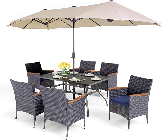 PHI VILLA 7pc Patio Dining Set w/Umbrella, Rectangular Table, Rattan Chairs | Outdoor Dining Set for 6, 60" Metal Table & 6 Cushioned Rattan Chairs with Beige Umbrella for Outdoor, Deck, Yard, Porch