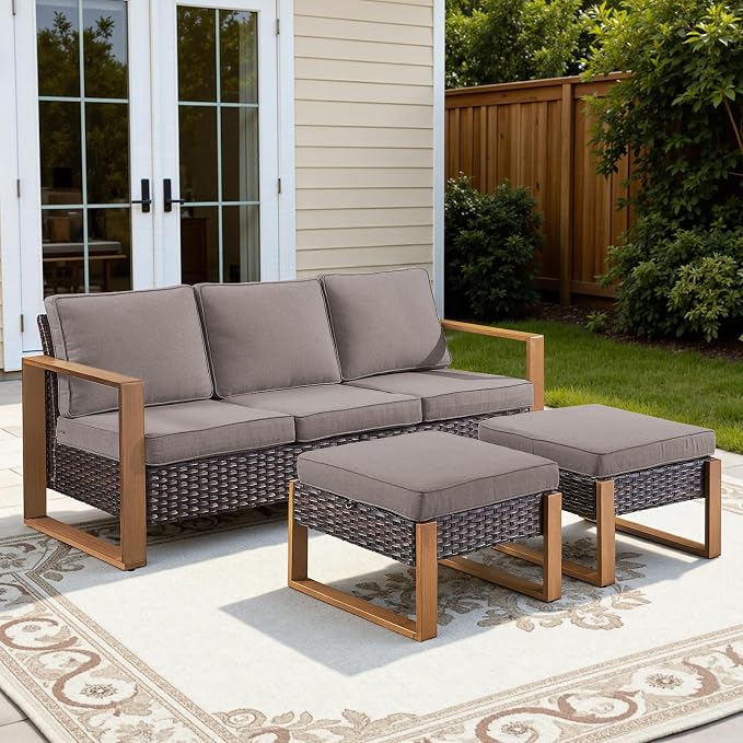 3 Pieces Patio Sofa Set with Metal Arm, High Back Wicker Sectional Outdoor Sofa with Ottomans, Outdoor Seating Furniture High Back Conversation Set for Balcony Deck Porch Backyard, Grey