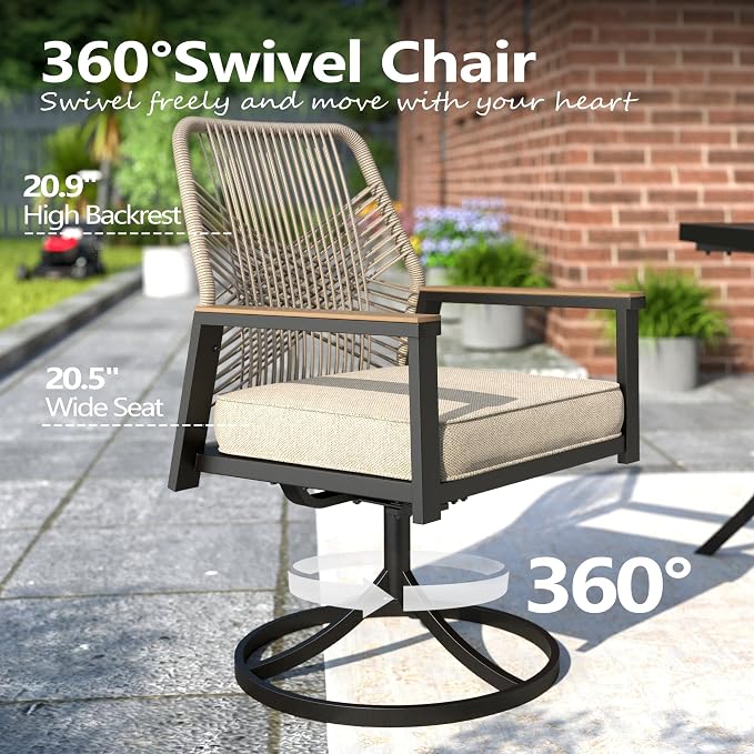 MIXPATIO 9 Pcs Outdoor Dining Set, 8 Rattan Swivel Chairs with Soft Cushion and 57.5" Square Table with Umbrella Hole, Patio Table and Chairs for Backyard Porch