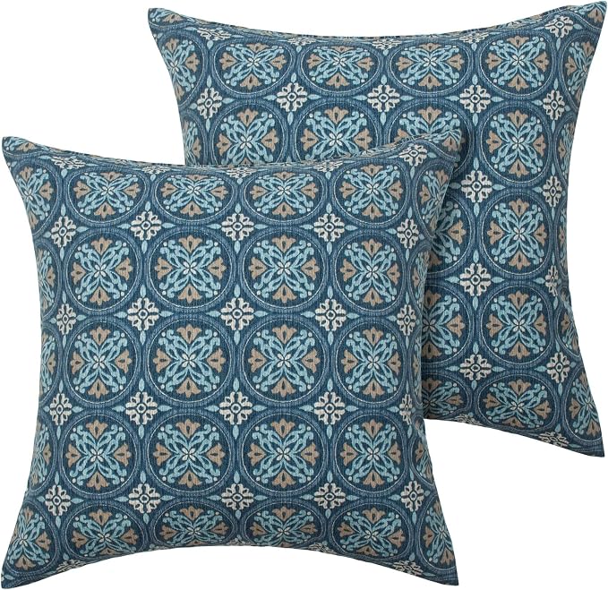 Magpie Fabrcis Pack of 2 Outdoor Waterproof Throw Pillow with Insert 18 x 18 Inch, Christmas Decorative Back Cushion Pad for Garden Patio Tent Balcony Couch Sofa(Morgan Medal Blue)