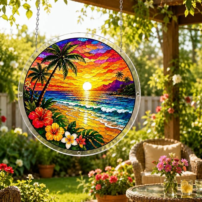 Acrylic Suncatcher Jigsaw Puzzle, Tropical Beach Sunset Stained Glass Style Sun Catcher Puzzle for Adults, Window Wall Hanging Decor, Palm Trees Ocean Wave DIY Craft Puzzles Gift Women