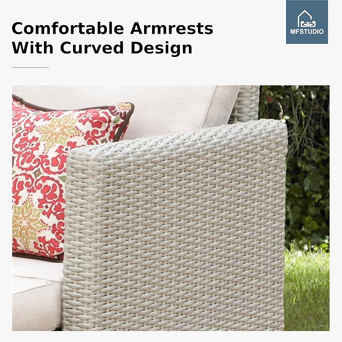 MFSTUDIO Wicker Patio Furniture Set, All Weather Rattan Outdoor Conversation Set with 2 Ottomans, 5 Pieces Patio Sectional Modular Sofa Couch Set with Wood Coffee Table, Beige Cushions