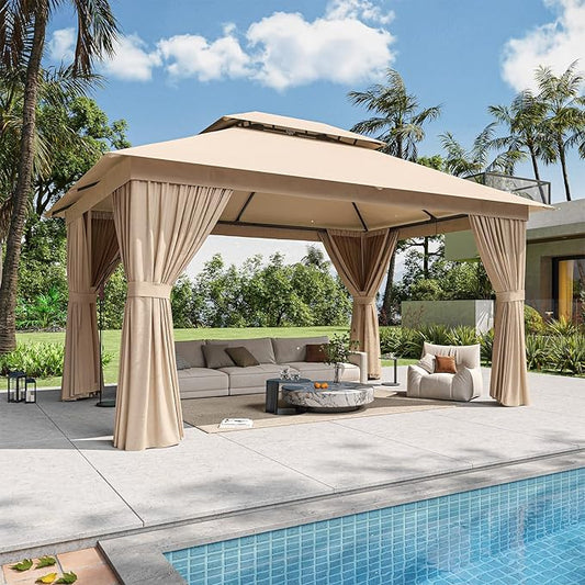12'x10' Gazebo, Outdoor Gazebo Metal Frame Canopy with Double Roofs, Heavy Duty Patio Tent Shelter with Mosquito Netting and Privacy Screen for Backyard, Beige