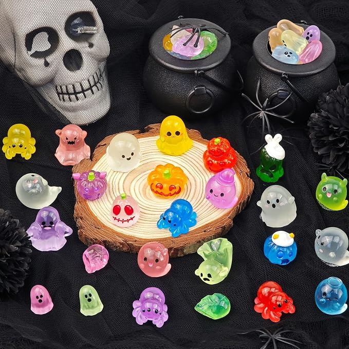 60 Pcs Halloween Luminous Mini Resin Figures Ghost Miniature Figurines | Glow in the Dark, Tiny Little Plastic Pumpkin Spider Skull Figures for Crafts Micro Landscape Fairy Garden Party Decor