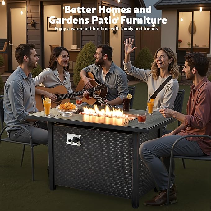 CAODOC 7-Piece Outdoor Wicker Patio Set with 7 Seats, Including 43" Fire Pit - Swivel Rocker Chairs and Conversation Set for Backyard or Lawn, Gray Rattan with Waterproof Black Cushions
