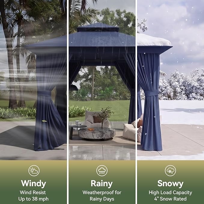 8'x8' Gazebo, Outdoor Gazebo Metal Frame Canopy with Double Roofs, Heavy Duty Patio Tent Shelter with Mosquito Netting and Privacy Screen for Backyard, Blue