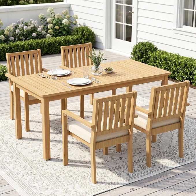 Wisteria Lane 5 Pieces Acacia Outdoor Patio Table and Chairs Set for 4, Patio Outdoor Dining Table Set with Cushion, Modern Outdoor Patio Set for Deck Lawn Backyard Garden, Beige