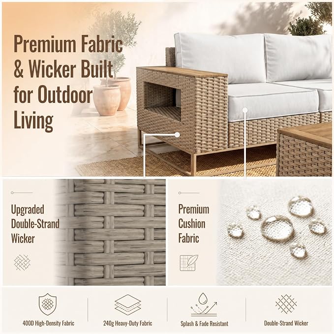 12-Piece Outdoor Patio Furniture Set, Modern PE Wicker Outdoor Sectional Sofa with Storage Armrests & 5.5" Thick Cushions, L-Shaped Couch for Deck, Porch, Backyard, Ivory White