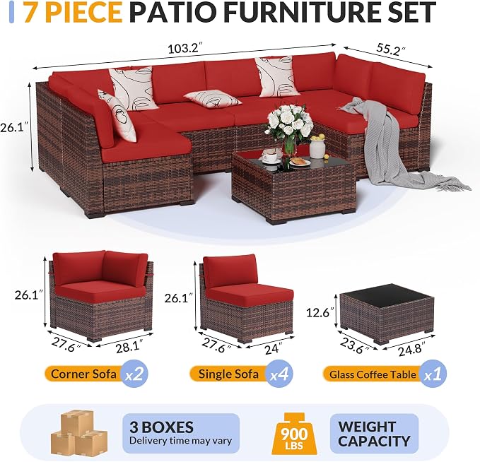 Patio Furniture Set, 7 Pieces Outdoor Modular Conversation Set Wicker Sectional Sofa for All Weather Rattan Patio Couch for Porch Garden Backyard Balcony Poolside (Red)