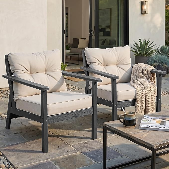 2 Seat Chair Set, HDPE Patio Conversation Set, Outdoor Patio Furniture | Water-Resistant Thick Cushion, HDPE All Weather, Wood-Grain, No Rot or Rust or Crack, UV Fade Shield, Easy-Clean for Outside