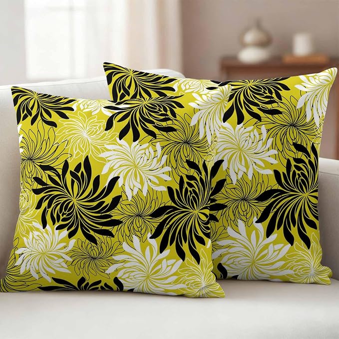 Yukro Yellow Black Floral Outdoor Waterproof Pillow Covers Pack of 2, Vintage Yellow White Black Flower Decorative Throw Pillowcases Cushion Covers for Garden Patio Tent Sofa Couch, 18x18 inch