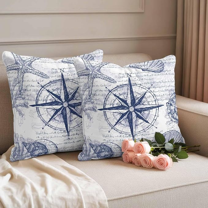 Vintage Nautical Outdoor Waterproof Throw Pillow Covers Set of 2, 16"x16", Summer Navy Blue Compass Shell Starfish Map Decorative Pillow Covers Outside Cushion Case for Patio Porch Garden