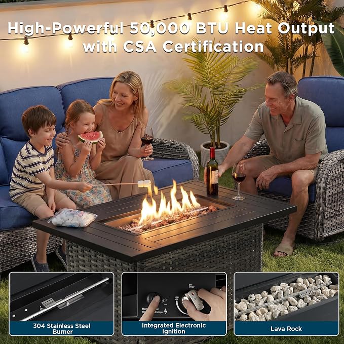 8 Pieces Patio Furniture Set with 42.5" Fire Pit Table-All Weather Wicker Outdoor Furniture with High Back Wicker Patio Chairs Set of 2 Outdoor Couch for Deck Garden Gray/Blue