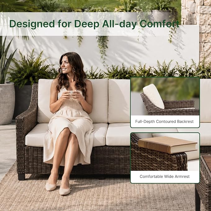 Wicker Patio Conversation Set, Outdoor Patio Chair Set with Deep Seating, Wide Armrests & Thick Cushions, All-Weather Outdoor Furniture Set for Patio, Porch, Deck & Backyard