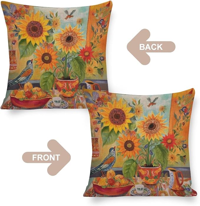 Decorative Pillows for Bed Colorful Painting of Sunflowers Pillowcases 18"x18" Butterfly Sunflower Linen Pillow Cover Decor for Sofa CouchThrow Pillow Covers Decorative Outdoor Linen Pillow Covers