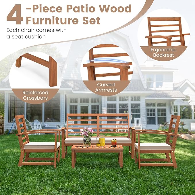 Tangkula 4 Pieces Outdoor Furniture Set, Acacia Wood Conversation Set w/Soft Seat Cushions, Stable Acacia Wood Frame, Patio Sofa & Coffee Table Set for Backyard, Porch, Poolside (White)