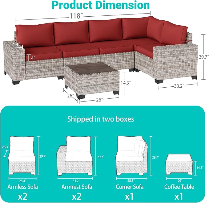 8-Piece Outdoor Patio Furniture Set Wicker Sectional Sofa Set with Ottomans, Patio Conversation Set with Thickened Cushions & Coffee Table for Garden, Backyard, Poolside, Red