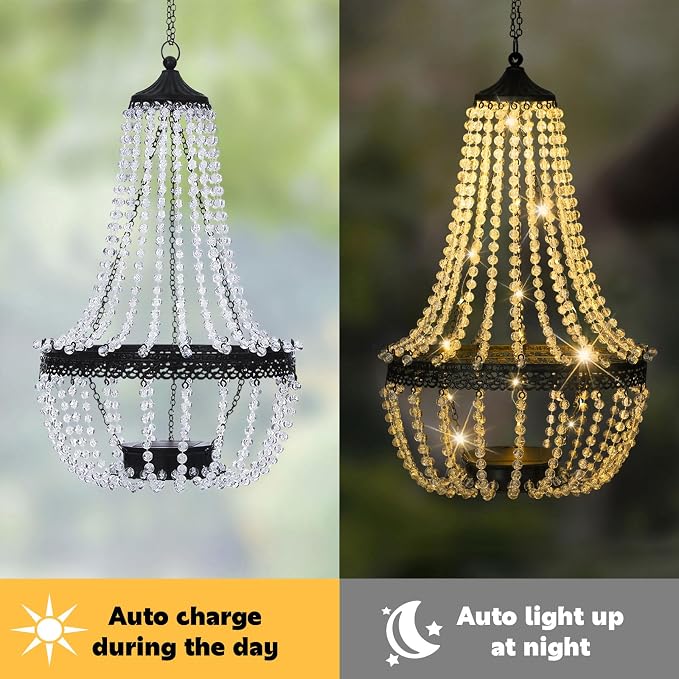 Hanging Solar Lantern Outdoor, 28” Modern Clear Crystal Acrylic Chandelier with 30 Warm White Lights S Hook for Garden, Yard, Patio, Gazebo Decorations
