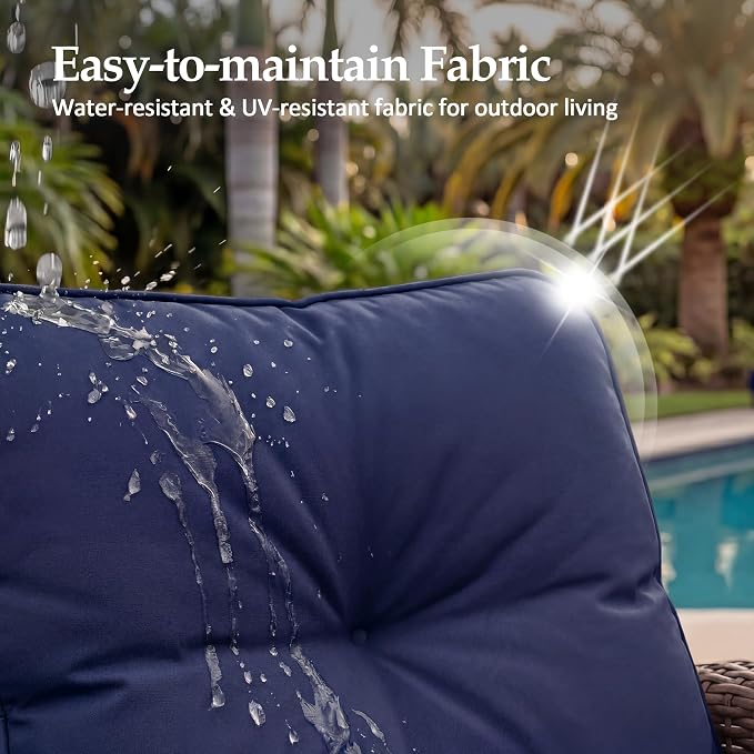 UPHA 6 Pieces Patio Furniture Sets, Wicker Outdoor Sofa Set with Loveseat & 3-Seat Couch, Swivel Chairs, Patio Conversation Set for Deck Backyard Garden, Brown Rattan, Navy Blue Cushion