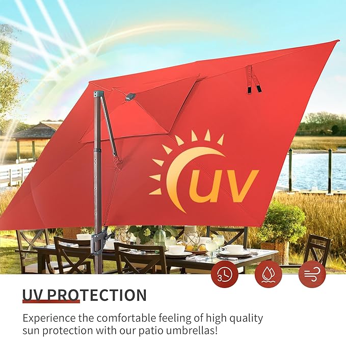 JZAC & QZYD 10X13 FT Outdoor Cantilever Patio Umbrella with Base Included and LED Lights, Large Heavy Duty 2-Tier Aluminum Offset Umbrellas with 360-Degree Rotation for Pool Deck, Red