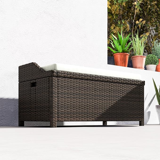 Outsunny 38 Gallon Outdoor Wicker Storage Bench Deck Box, PE Rattan Patio Furniture Pool Storage Bin Container with Interior Waterproof Cloth Bag and Comfortable Cushion, White