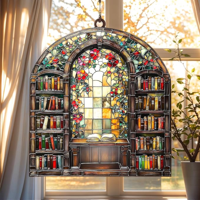 Floral Bookshelf Acrylic Suncatcher, Bookish Suncatchers for Window Hanging Ornament, Art Garden Decor for Book Lover Reader Bookworm, Gifts for Mother's Day, Mom, Grandma, Wife, Women, Nana
