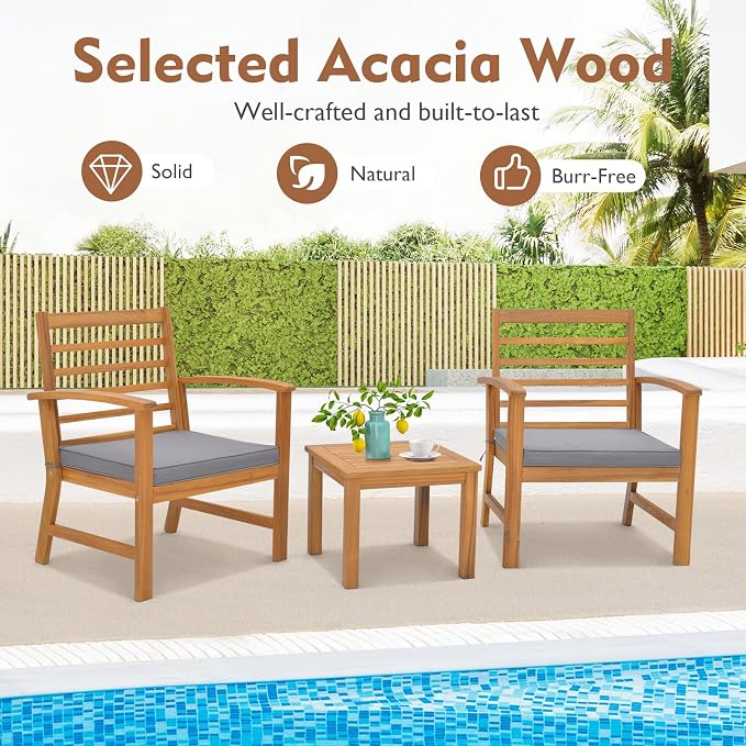 Tangkula 3 Pieces Outdoor Furniture Set, Acacia Wood Conversation Set with Soft Seat Cushions, Stable Acacia Wood Frame, Patio Sofa & Coffee Table Set for Backyard, Porch, Poolside (Grey)