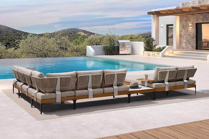 PURPLE LEAF 7 Pieces Patio Furniture Set with Daybed Tables Outdoor Wicker Sectional Conversation Sets Modern Aluminum L Shaped Sofa for Balcony Yard Garden Poolside, Cushions and Pillows Included