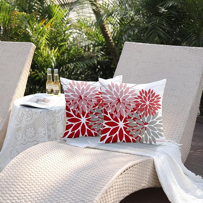 DFXSZ Pack of 2 Outdoor Waterproof Throw Pillow Covers 16x16 Pink Red Grey | Polyester Spring Summer Valentines Floral Decorative Cushion Cases(NO INSERT),For Couch Patio Funiture Garden Home Decor