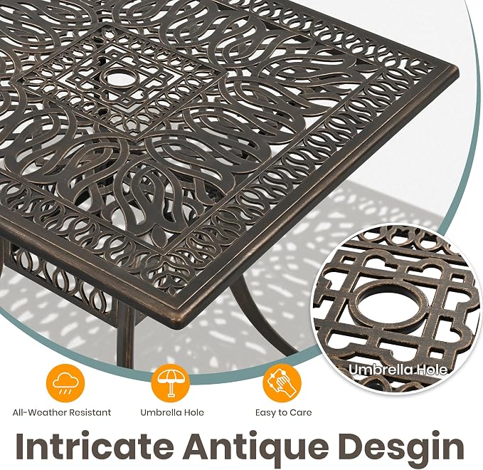 Pamapic 5-Piece Patio Table and Chair Set, Cast Aluminum Dining Set with Vintage Table Top, Outdoor Furniture Set with 4 Outdoor Stackable Chairs for Patio, Garden, Poolside (with 4 Cushion,Bronze)
