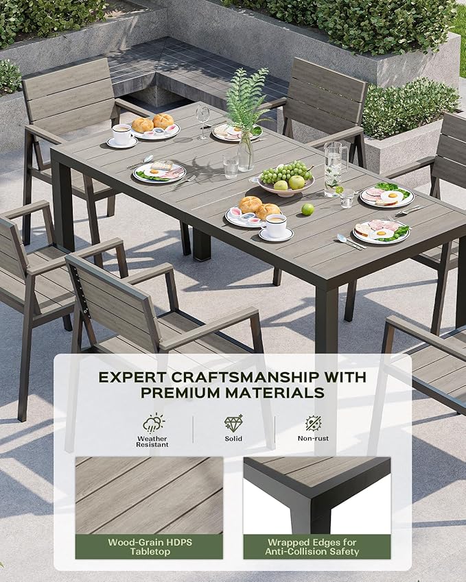 Vexwalx 67" HDPS Outdoor Patio Dining Table, Aluminum-Edged Outdoor Dining Table with Umbrella Hole, Weather-Resistant for Lawn, Garden, Poolside and Indoor Use, Gray