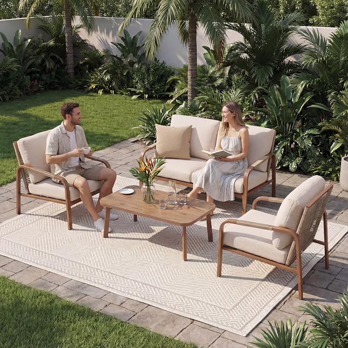 Aluminum Outdoor Patio Furniture Set,4-Piece Sectional Sofa with Coffee Table,Washable Thick Cushions,Modern Patio Conversation Set for Backyard,Garden,Porch,Balcony,Deck,Beige