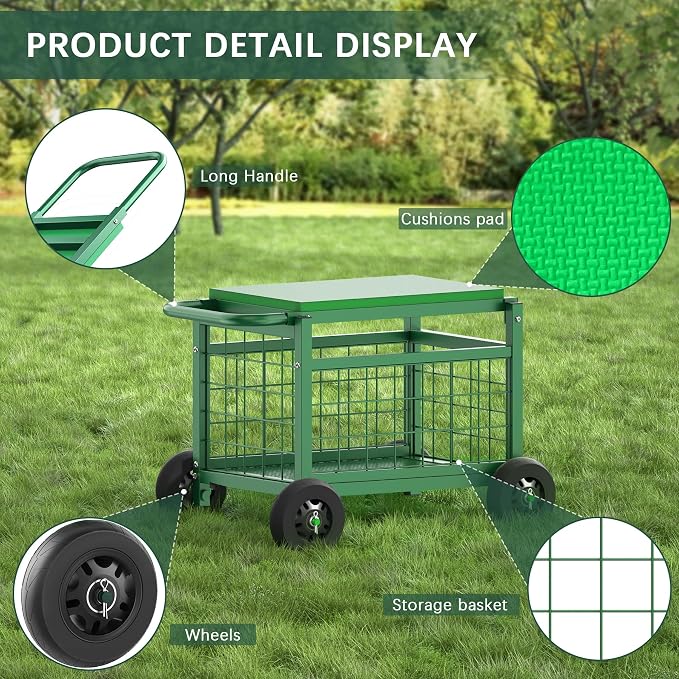 Garden Cart with Seat,3-in-1 Rolling Seat with Wheels for Seniors Gardening | Upgraded Heavy Duty Gardenning Cart with Seat, Supports up to 600 LBS for Seniors, Lawn, Patio & Backyard Gardening, Green