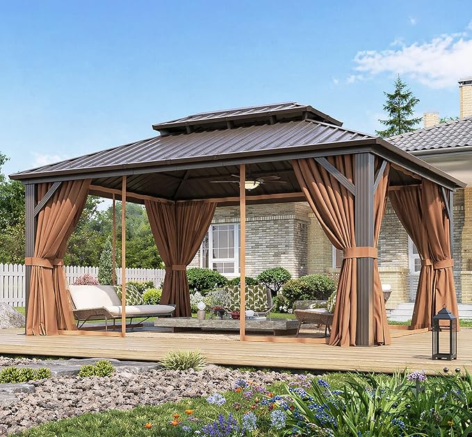 Aoxun 12’x16’ Hardtop Gazebo, Permanent Metal Pavilion with Galvanized Steel Double Roof, Outdoor Pergola with Nettings and Curtains for Lawn, Garden, Patio (Brown)