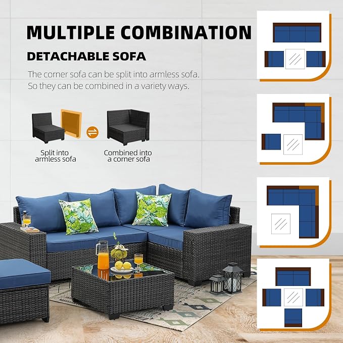 6-Piece Outdoor Patio Furniture Set, Modular Wicker Sectional Sofa with Thick Cushions & Coffee Table, All-Weather Rattan Conversation Set for Backyard, Porch, Poolside, Navy