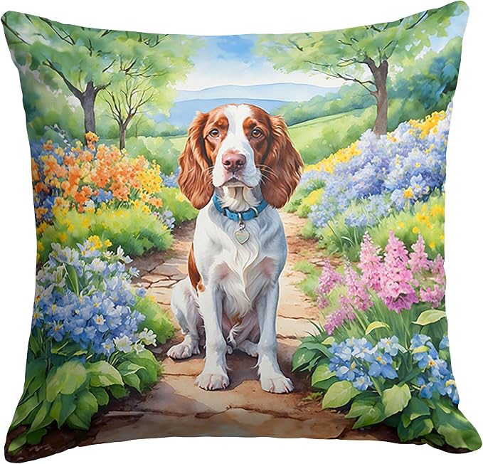 Caroline's Treasures Welsh Springer Spaniel Spring Path Throw Pillow Machine Washable, Indoor Outdoor Decorative Pillow for Couch, Bed or Patio, 18Hx18W