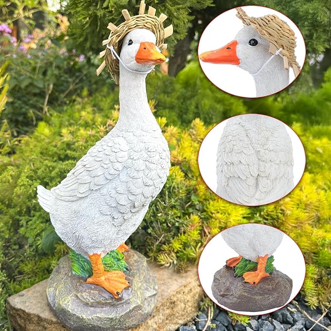 Euronet 12" Garden Porch Goose Statues, Funny Duck Farm Fence Decor, Resin Real Concrete Porch Goose Decor, Outdoor Animal Sculptures & Statues, Perfect for Home Garden Stairs, Farm, Patio, Backyard
