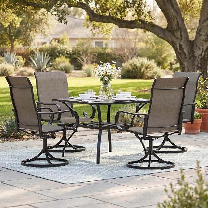 5 Pieces Patio Dining Set, 4 Outdoor Swivel Dining Chairs with 37.8" Square Metal Outdoor Dining Table with Umbrella Hole for Garden Backyard Deck, Mixed Brown & Black