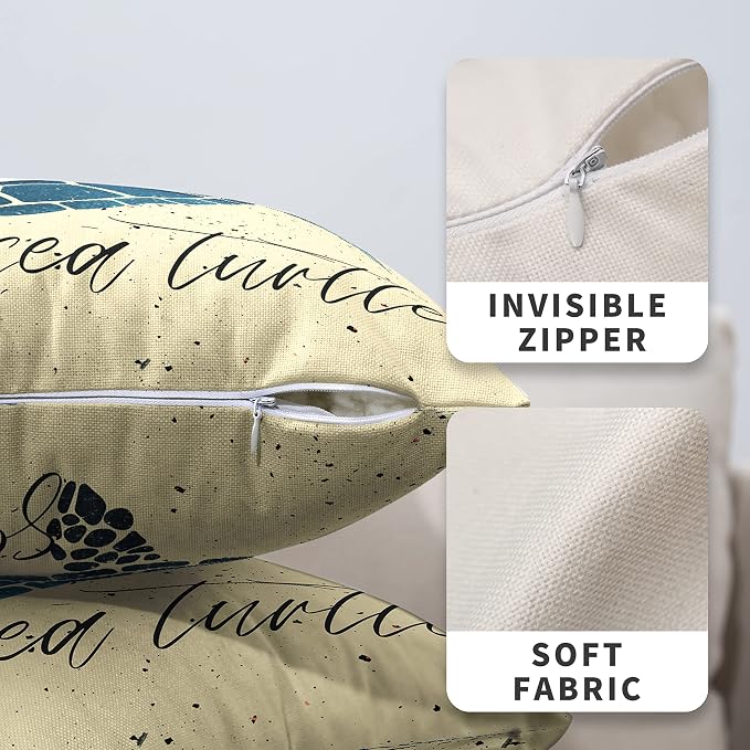 Beige and Blue Linen Pillow Covers Set of 2 Beach Sea Turtle Decorative Pillow Case 22x22 Coatal Ocean Decor Cushion Cover for Living Room Couch Car