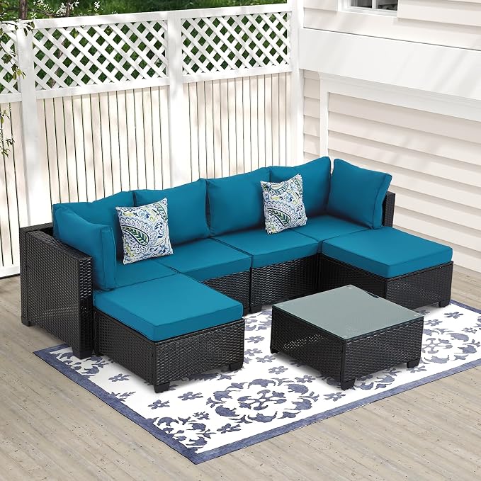 7 Pieces Outdoor Sectional Furniture Set, Wicker Patio Furniture Set with Table, Patio Conversation Sets with Washable Cushions for Garden (Peacock Blue, 106x55x26'')