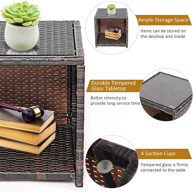 Tangkula 3-Piece Outdoor PE Rattan Furniture Set, Patio Conversation Set w/Chair & Storage Coffee Table, Detachable Cushion, Stable X-Shaped Frame, Perfect for Garden, Backyard, Poolside (White)
