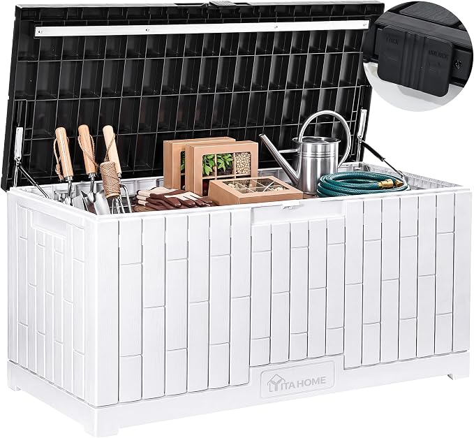 YITAHOME 120 Gallon Outdoor Storage Deck Box, Large Resin Patio Storage with Slide-Locking Black Lid, 2-Person Bench Seat for Outdoor Pillows, Garden Tools & Pool-Supplies, Waterproof, Grayish-White