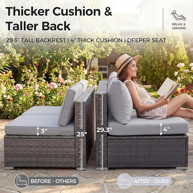 NICESOUL High-End Outdoor Patio Furniture Set with Natural Gas/Propane Firepits, 7 Piece Large Wicker Sectional Couches with Fire Table, 29.3'' High Back Deep Seating Comfy Conversation Sofas, Gray