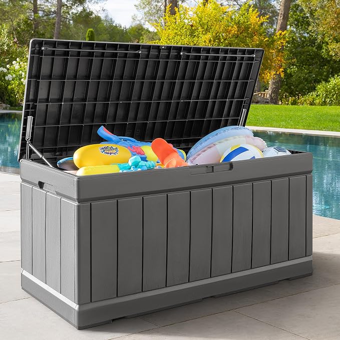Greesum 82 Gallon Resin Deck Box Large Outdoor Storage for Patio Furniture, Garden Tools, Pool Supplies, Weatherproof and UV Resistant, Lockable, Light Grey